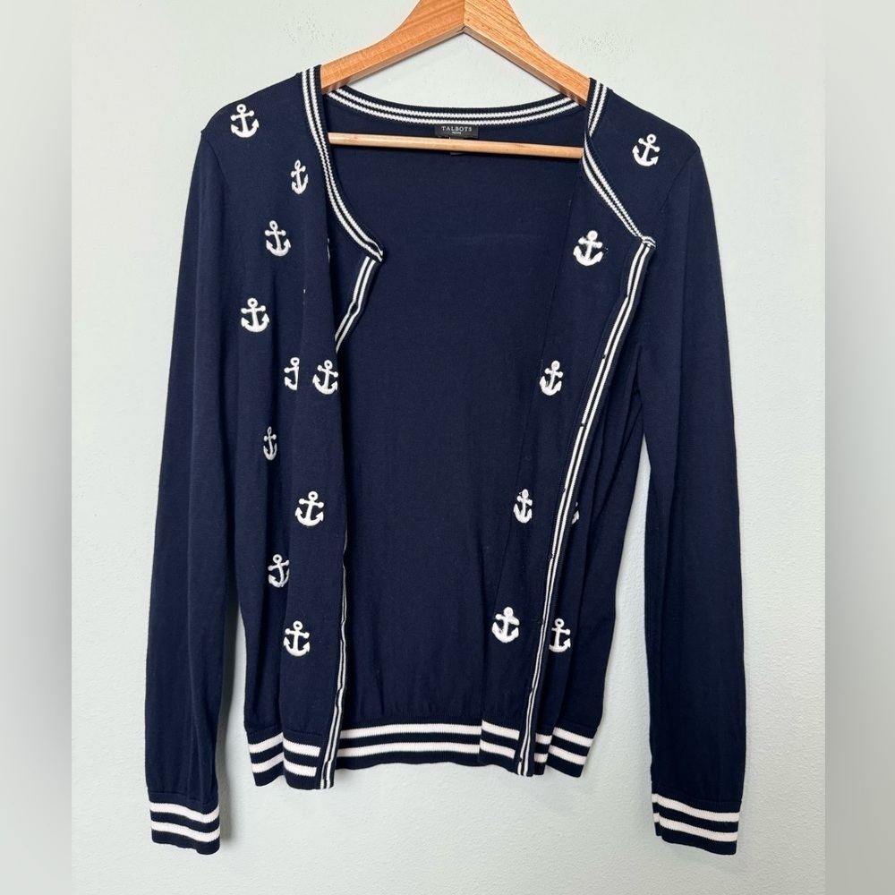Talbots Nautical Cardigan Embroidered Anchors in Navy Blue & White‎ Sz MP Petite - Picture 6 of 8